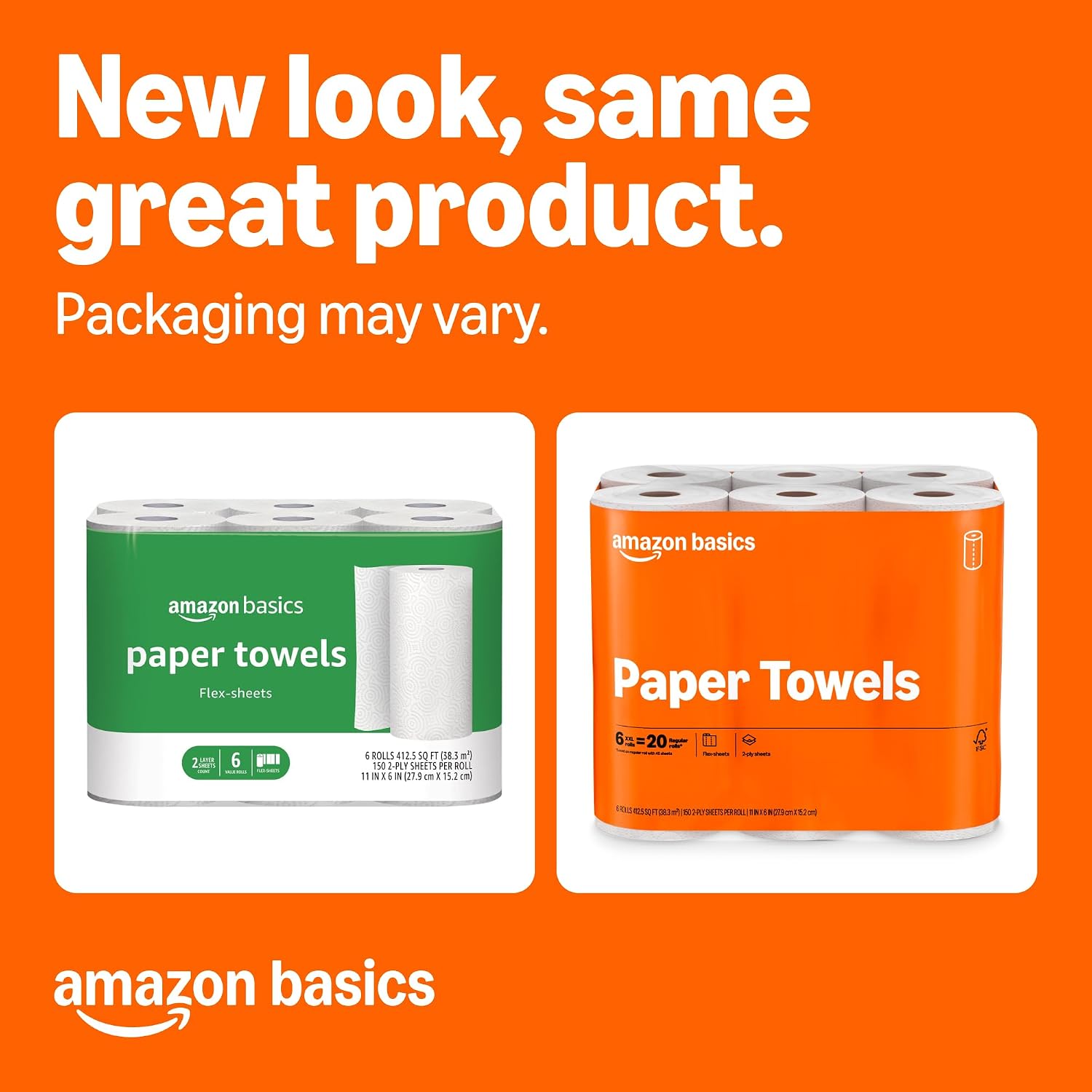 Amazon Basics 2-Ply Flex-Sheets Paper Towels, 12 Basics Rolls = 40 Regular Rolls, Everyday Value with 150 Sheets per Roll, Packaging May Vary — Overview