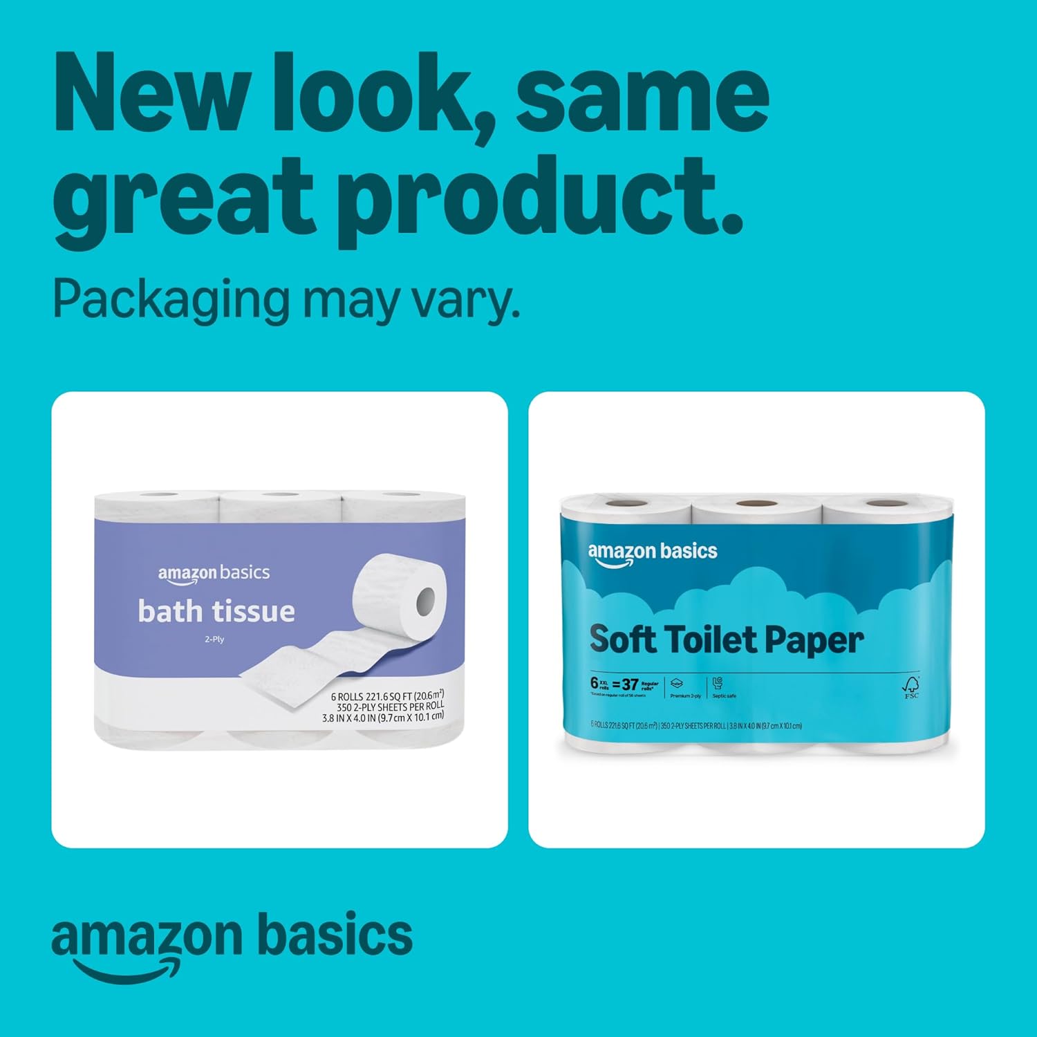 Amazon Basics 2-Ply Soft Toilet Paper, 30 Rolls (5 Packs of 6), 350 Sheets per Roll, Septic Safe, Equivalent to 185 Regular Rolls — Overview