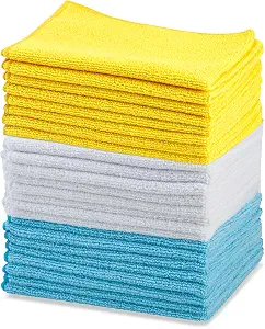 Amazon Basics Microfiber Cleaning Cloths, Ultra Absorbent, Lint Free, Streak Free, Non-Abrasive, Reusable and Washable, 16″ x 12″, Blue/White/Yellow, Pack of 24