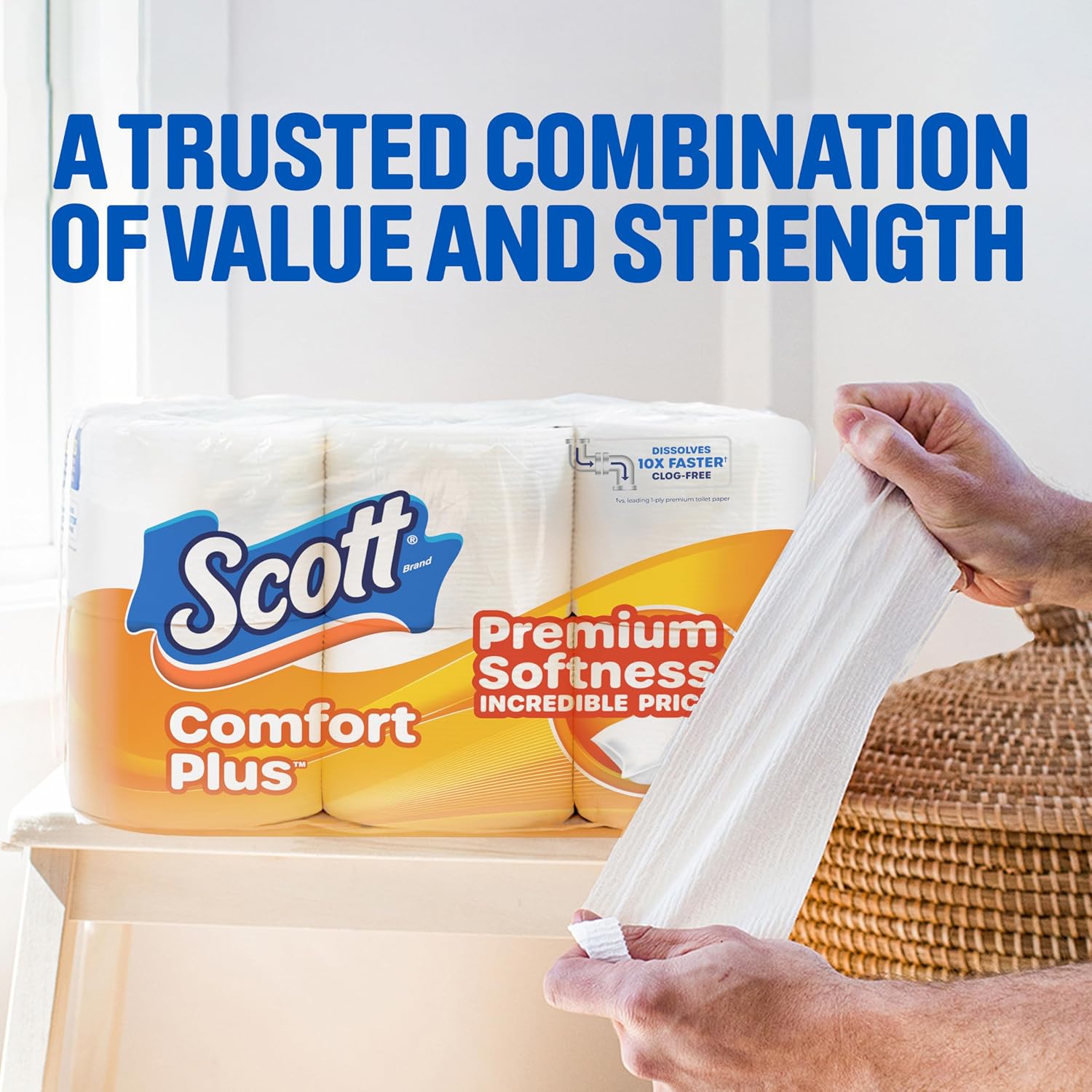 Scott ComfortPlus Toilet Paper, 12 Triple Rolls, 231 Sheets per Roll, Septic-Safe, 1-Ply Toilet Tissue — Overview