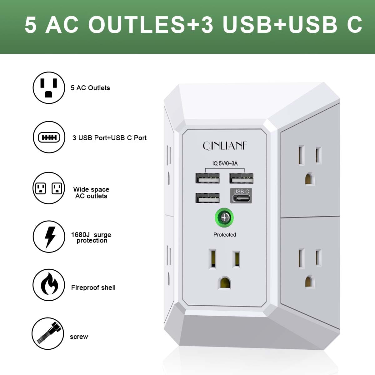 Wall Charger, Surge Protector, QINLIANF 5 Outlet Extender with 4 USB Charging Ports, 3-Sided 1680J Power Strip Multi Plug Adapter Spaced for Home Travel Office — Overview