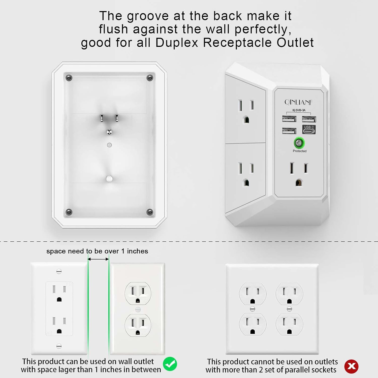 Wall Charger, Surge Protector, QINLIANF 5 Outlet Extender with 4 USB Charging Ports, 3-Sided 1680J Power Strip Multi Plug Adapter Spaced for Home Travel Office — Key Features