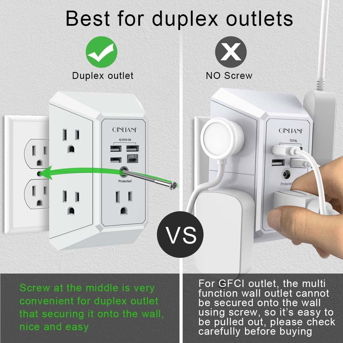 Wall Charger, Surge Protector, QINLIANF 5 Outlet Extender with 4 USB Charging Ports, 3-Sided 1680J Power Strip Multi Plug Adapter Spaced for Home Travel Office — Ease of Use and Maintenance