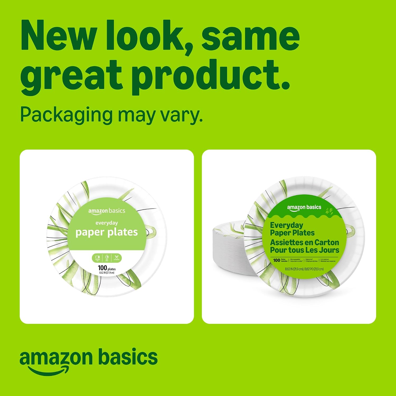 Amazon Basics Everyday Disposable Paper Plates, 8.62 Inch, Microwave-Safe, Cut Resistant, Soak-Proof, 100 Count, Packaging May Vary — Overview