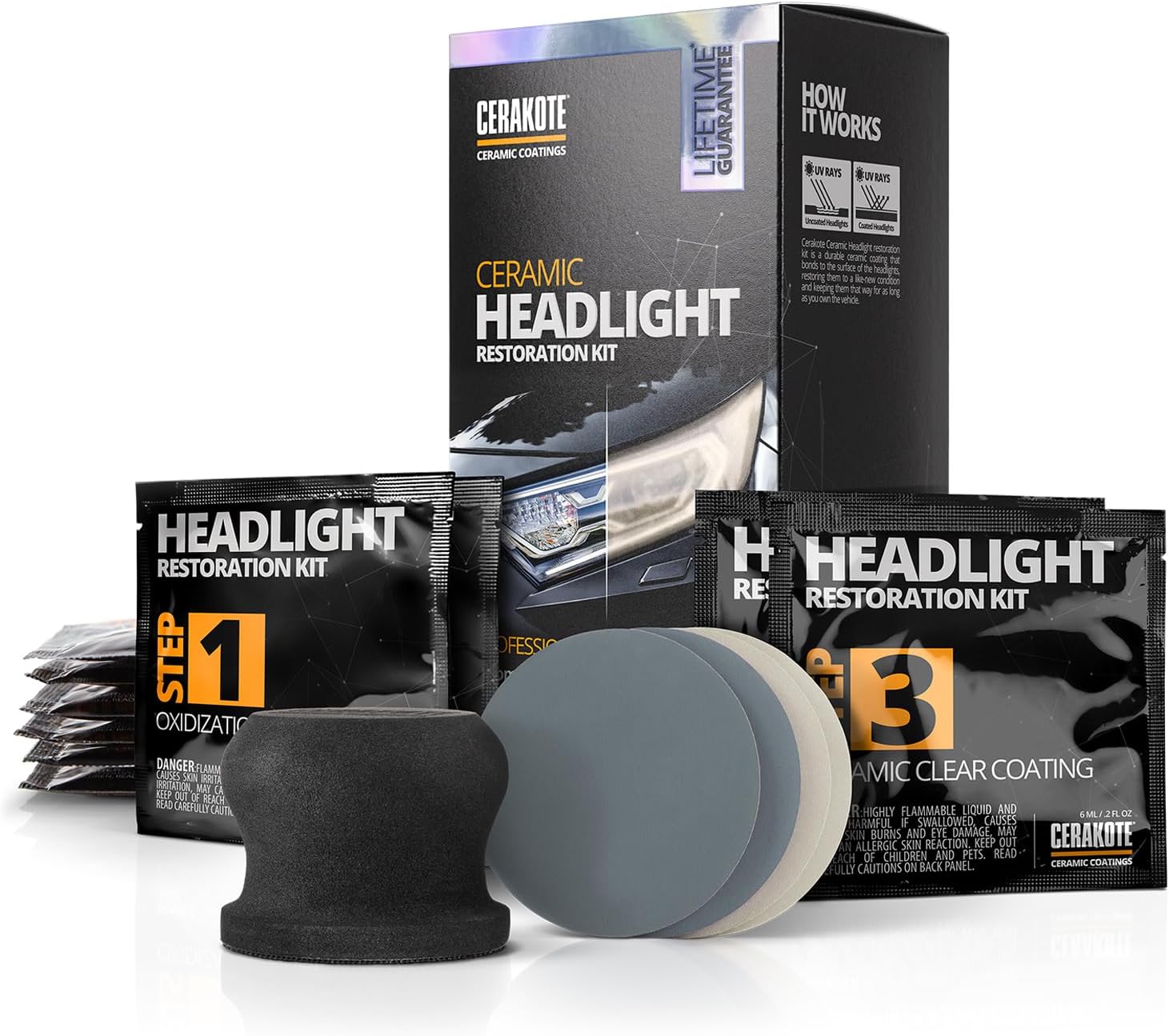 CERAKOTE® Ceramic Headlight Restoration Kit – Guaranteed To Last As Long As You Own Your Vehicle – Brings Headlights Back to Like New Condition - No Power Tools Required - 10 Wipe Kit — Overview