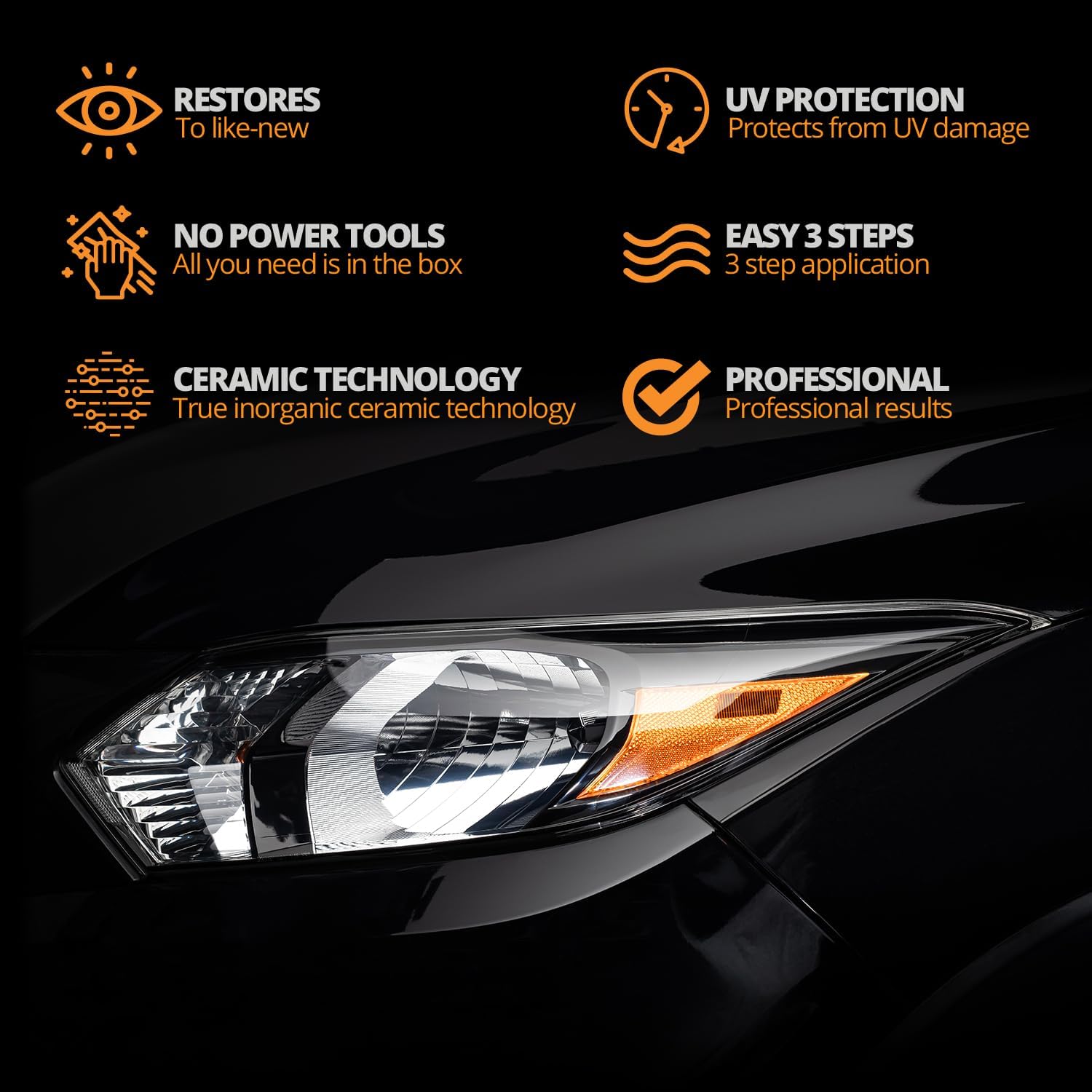 CERAKOTE® Ceramic Headlight Restoration Kit – Guaranteed To Last As Long As You Own Your Vehicle – Brings Headlights Back to Like New Condition - No Power Tools Required - 10 Wipe Kit — Key Features