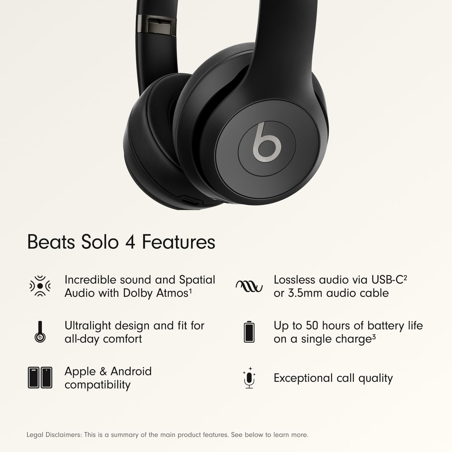 Beats Solo 4 - Wireless On-Ear Bluetooth Headphones, Up to 50-Hour Battery Life, Ultra-Lightweight Comfort, Powerful and Balanced Sound, Apple & Android Compatible - Matte Black — Overview