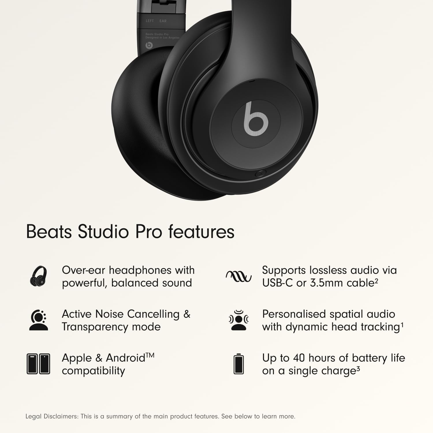 Beats Studio Pro Premium Wireless Over-Ear Headphones- Up to 40-Hour Battery Life, Active Noise Cancelling, Great for Travel & Commuting, USB-C Lossless Audio, Apple & Android Compatible -Black — Overview
