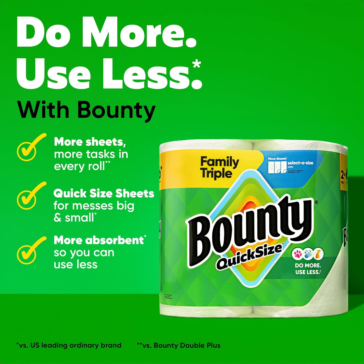Bounty Quick-Size Paper Towels, White, 8 Family Triple Rolls = 27 Regular Rolls — Overview