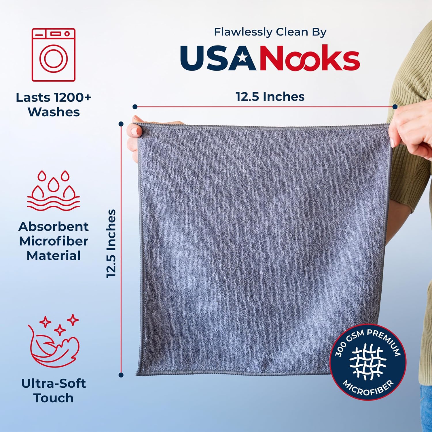 USANOOKS Microfiber Cleaning Cloth Grey - 12 Pcs (12.5"x12.5") - High Performance - 1200 Washes, Ultra Absorbent Microfiber Towel Weave Grime & Liquid for Streak-Free Mirror Shine - Car Washing Cloth — Overview